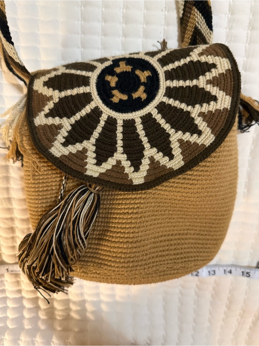 Handwoven Wayuu Mochila Brown & Cream Crossbody Bag with Tassel